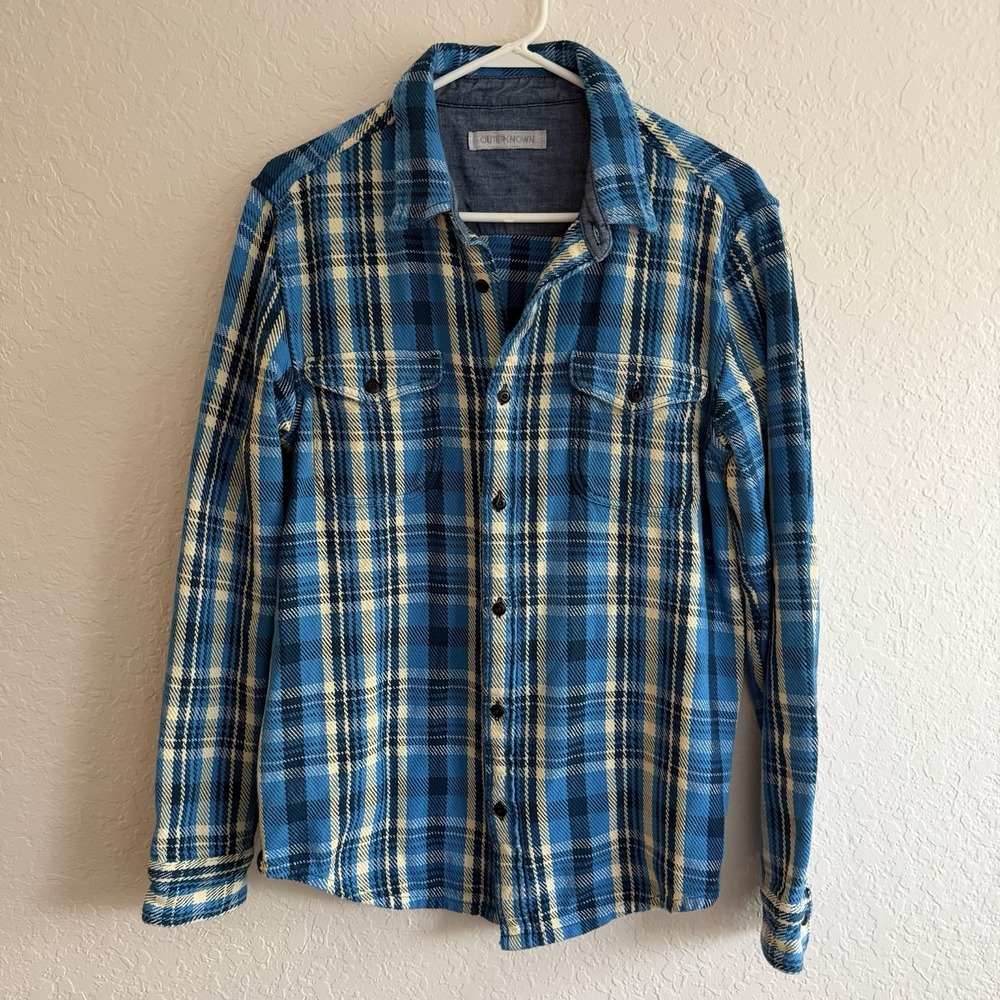 Outerknown Plaid Blanket Shirt Medium Flannel Blue Organic Cotton Shacket Hike
